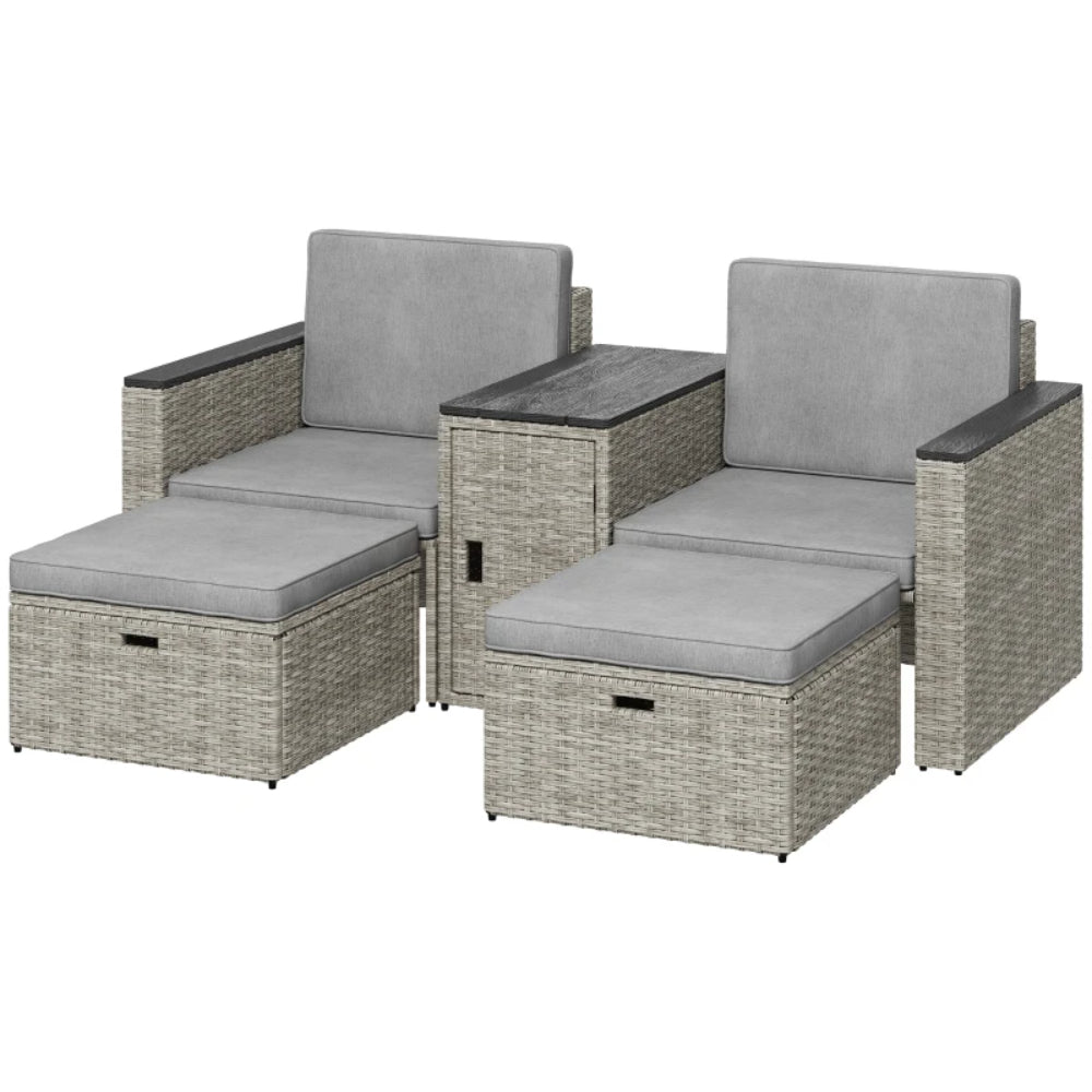 Outsunny 5 Piece Rattan Garden Furniture Set with Storage Table, Footstools, Cushions, Grey