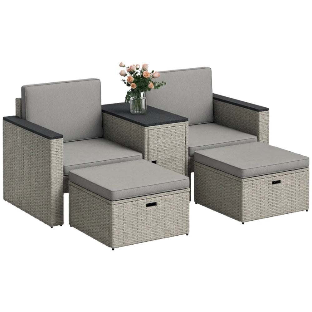 Outsunny 5 Piece Rattan Garden Furniture Set with Storage Table, Footstools, Cushions, Grey