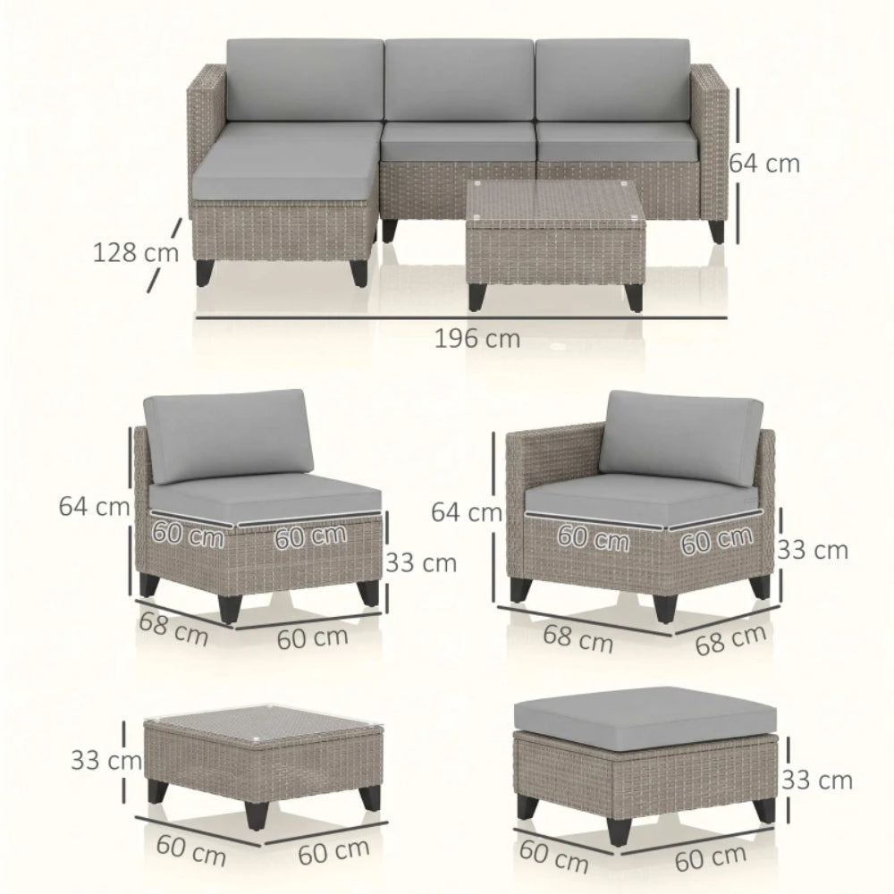 Outsunny 5-Piece Rattan Patio Furniture Set with Corner Sofa, Footstools, Coffee Table, for Poolside, Brown