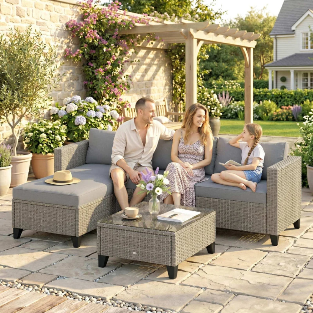 Outsunny 5-Piece Rattan Patio Furniture Set with Corner Sofa, Footstools, Coffee Table, for Poolside, Brown