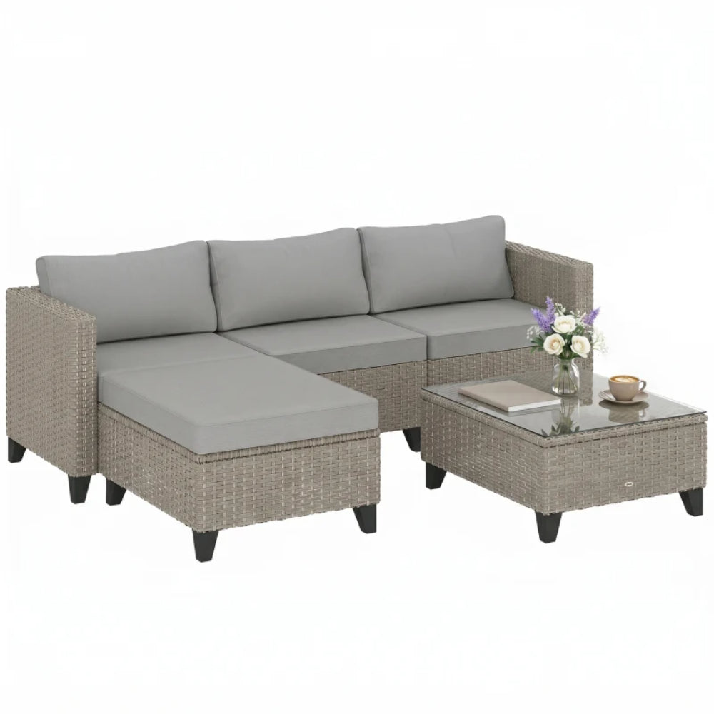 Outsunny 5-Piece Rattan Patio Furniture Set with Corner Sofa, Footstools, Coffee Table, for Poolside, Brown