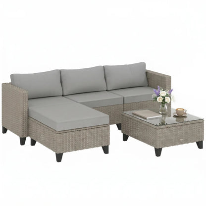 Outsunny 5-Piece Rattan Patio Furniture Set with Corner Sofa, Footstools, Coffee Table, for Poolside, Brown