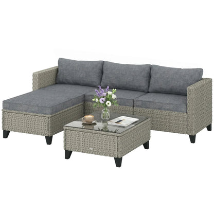 Outsunny 5-Piece Rattan Patio Furniture Set with Corner Sofa, Footstools, Coffee Table, for Poolside, Dark Grey