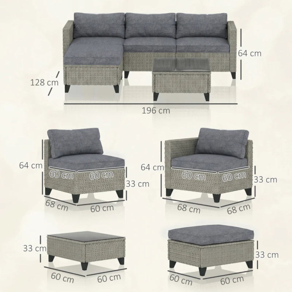 Outsunny 5-Piece Rattan Patio Furniture Set with Corner Sofa, Footstools, Coffee Table, for Poolside, Dark Grey