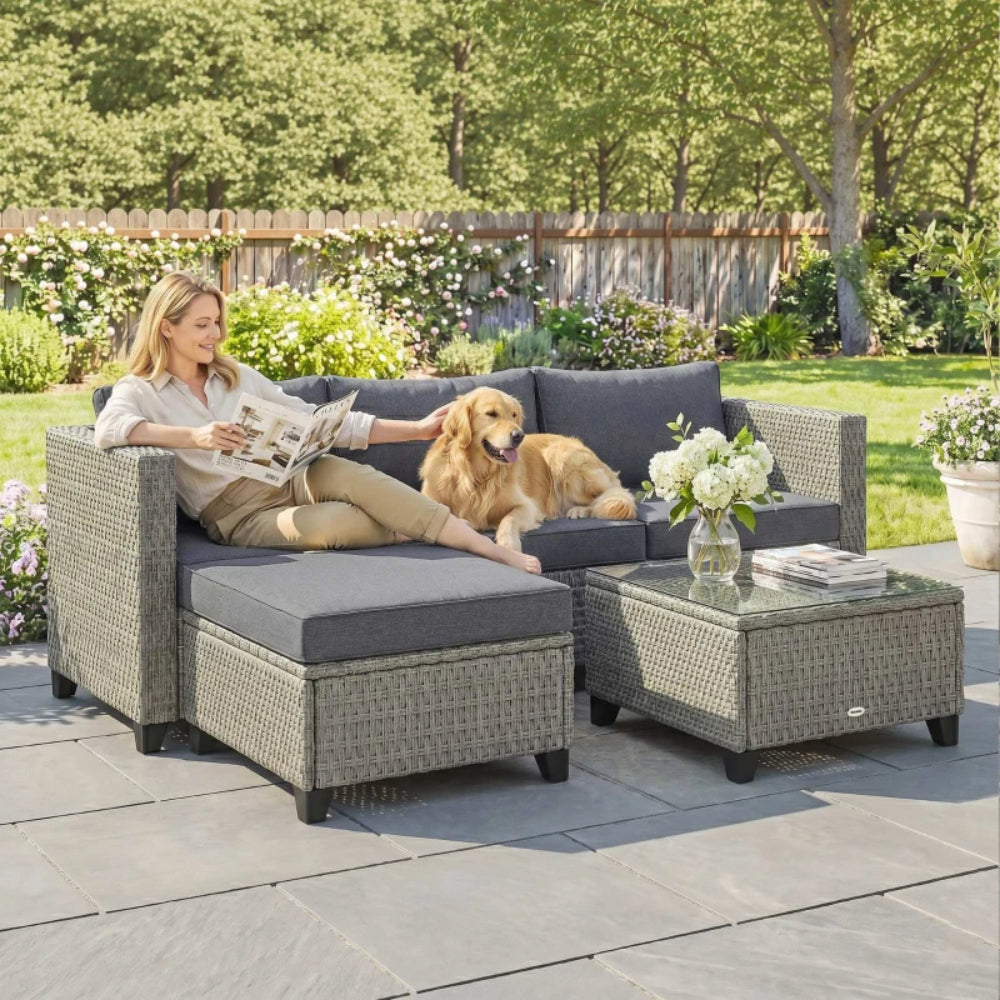 Outsunny 5-Piece Rattan Patio Furniture Set with Corner Sofa, Footstools, Coffee Table, for Poolside, Dark Grey