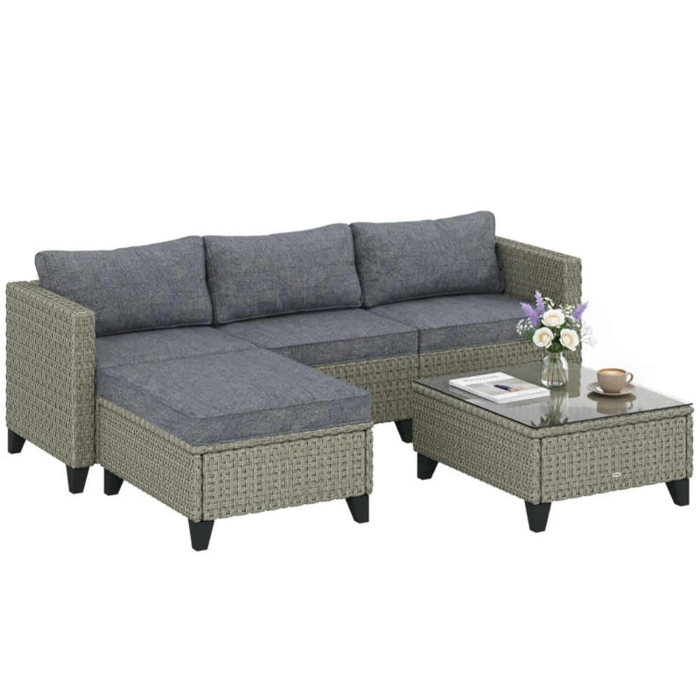Outsunny 5-Piece Rattan Patio Furniture Set with Corner Sofa, Footstools, Coffee Table, for Poolside, Dark Grey