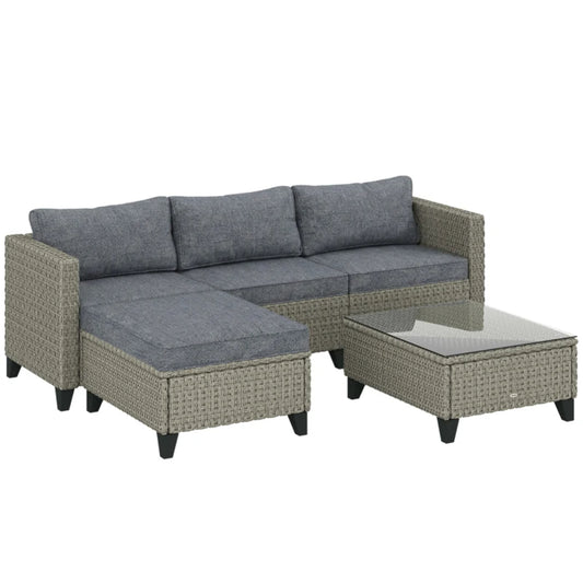 Outsunny 5-Piece Rattan Patio Furniture Set with Corner Sofa, Footstools, Coffee Table, for Poolside, Dark Grey