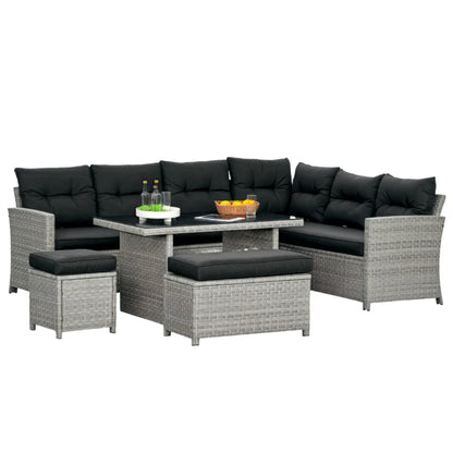Outsunny 5-Piece Rattan Patio Furniture Set with Corner Sofa, Footstools, Glass Coffee Table, Cushions, Mixed Grey