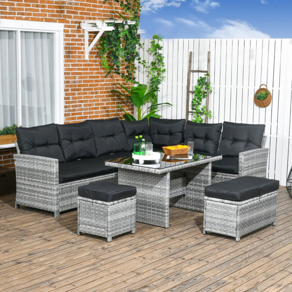 Outsunny 5-Piece Rattan Patio Furniture Set with Corner Sofa, Footstools, Glass Coffee Table, Cushions, Mixed Grey