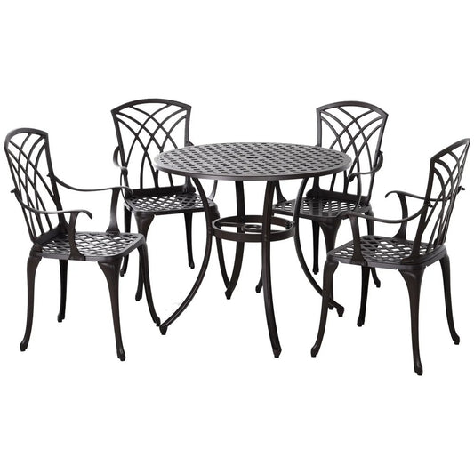 Outsunny 5 Pieces Garden Dining Set for 4, Cast Aluminium Outdoor Dining Set with 4 Armchairs and Round Dining Table with Parasol Hole, Garden Furniture Bistro Set 