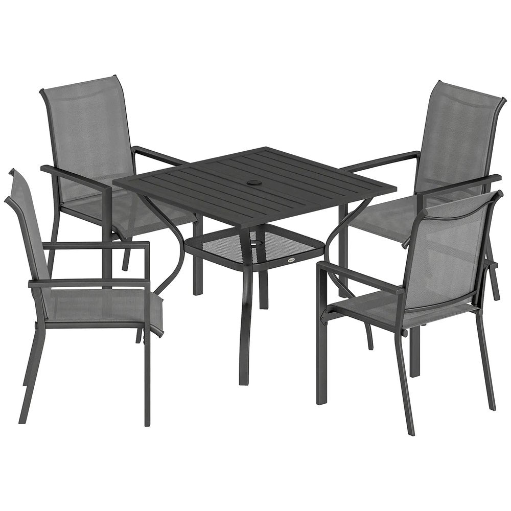 Outsunny 5 Pieces Outdoor Dining Set for 4, Garden Table and Stackable Chairs with Breathable Mesh Seat 11