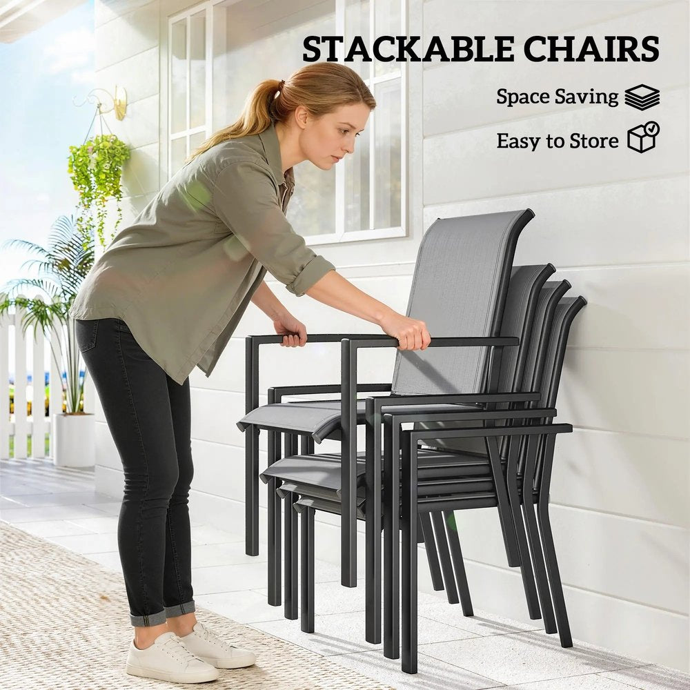 Outsunny 5 Pieces Outdoor Dining Set for 4, Garden Table and Stackable Chairs with Breathable Mesh Seat 16