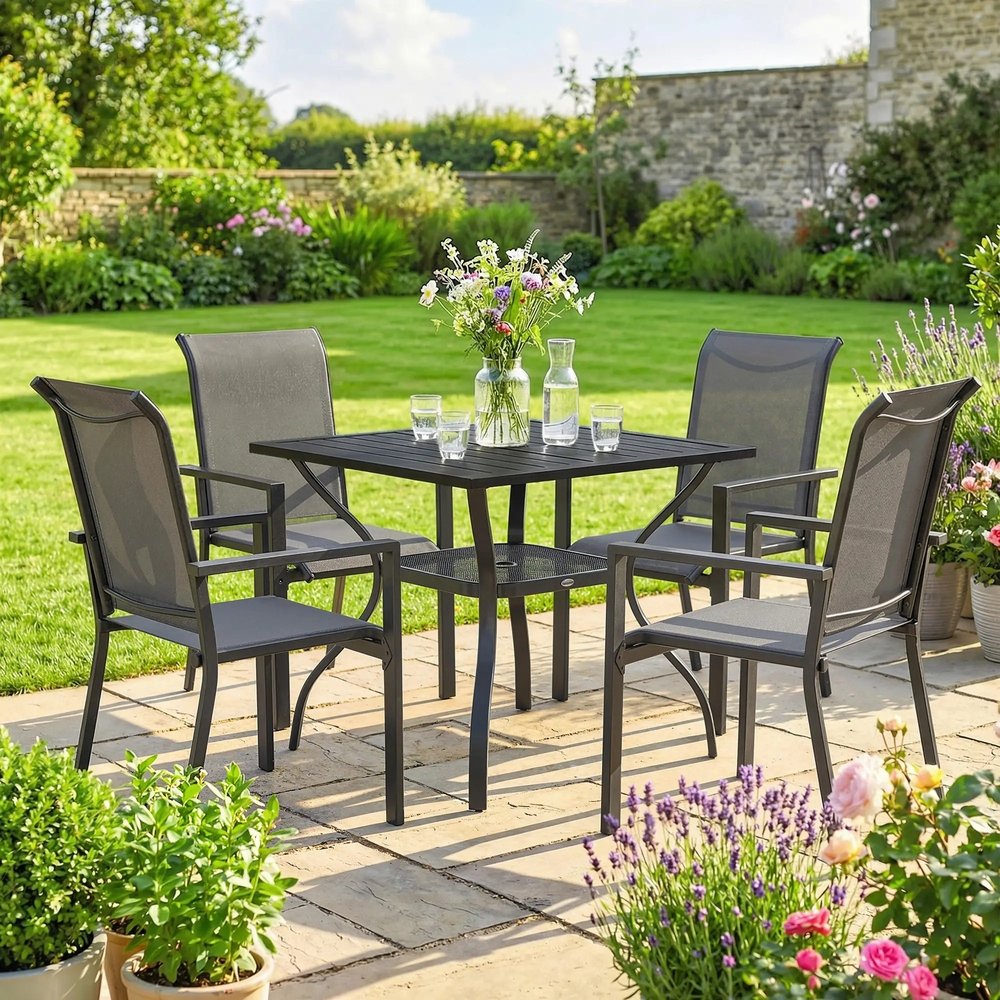 Outsunny 5 Pieces Outdoor Dining Set for 4, Garden Table and Stackable Chairs with Breathable Mesh Seat 18