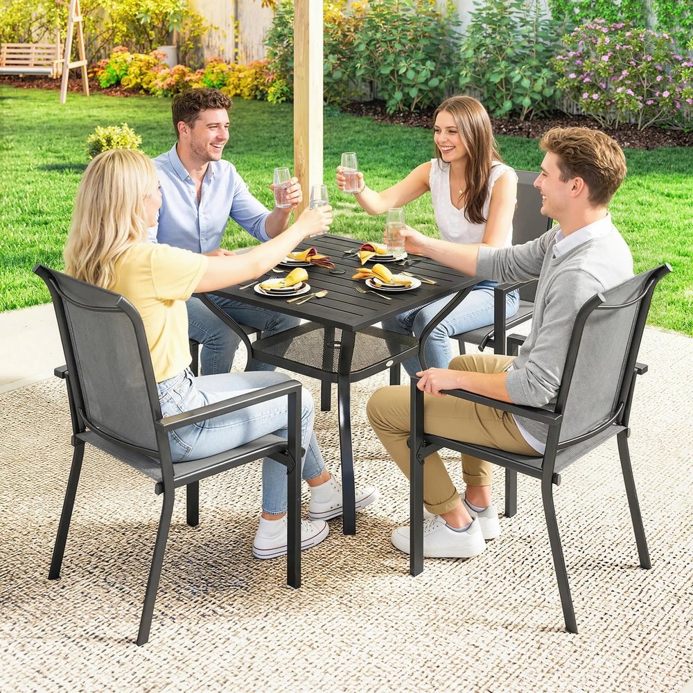 Outsunny 5 Pieces Outdoor Dining Set for 4, Garden Table and Stackable Chairs with Breathable Mesh Seat 19