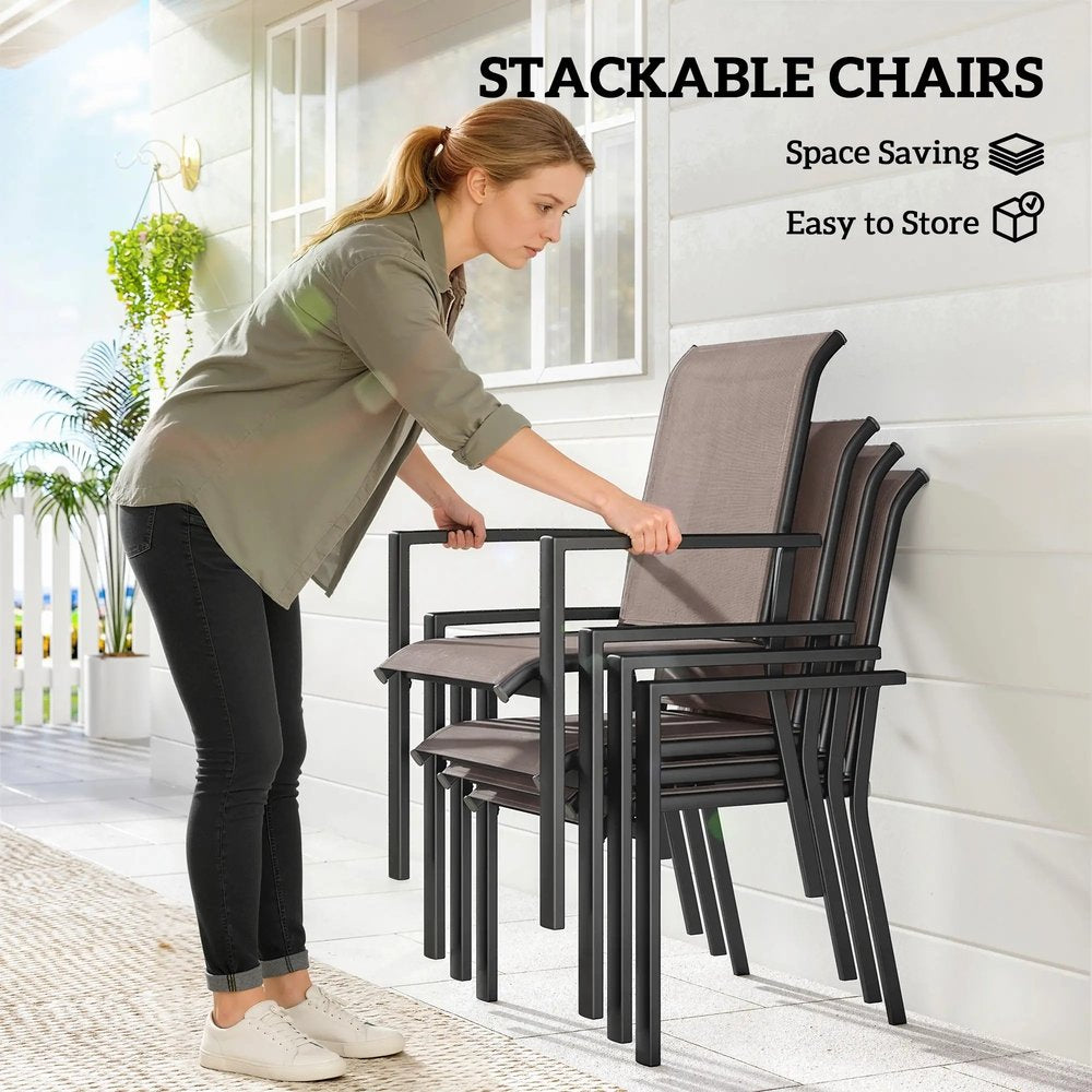 Outsunny 5 Pieces Outdoor Dining Set for 4, Garden Table and Stackable Chairs with Breathable Mesh Seat 5