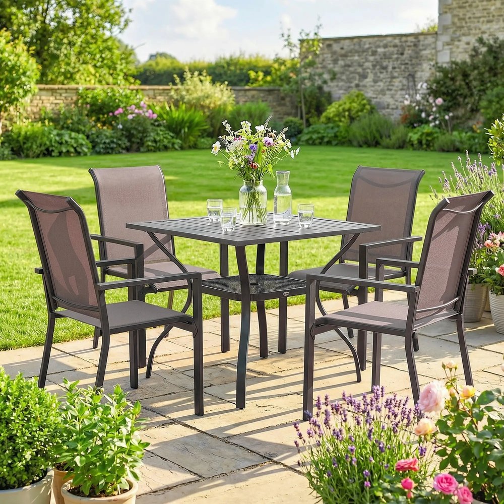 Outsunny 5 Pieces Outdoor Dining Set for 4, Garden Table and Stackable Chairs with Breathable Mesh Seat 7