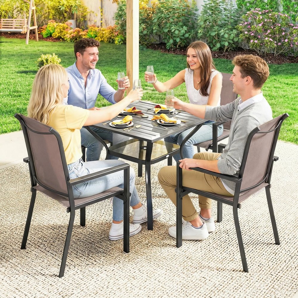 Outsunny 5 Pieces Outdoor Dining Set for 4, Garden Table and Stackable Chairs with Breathable Mesh Seat 8