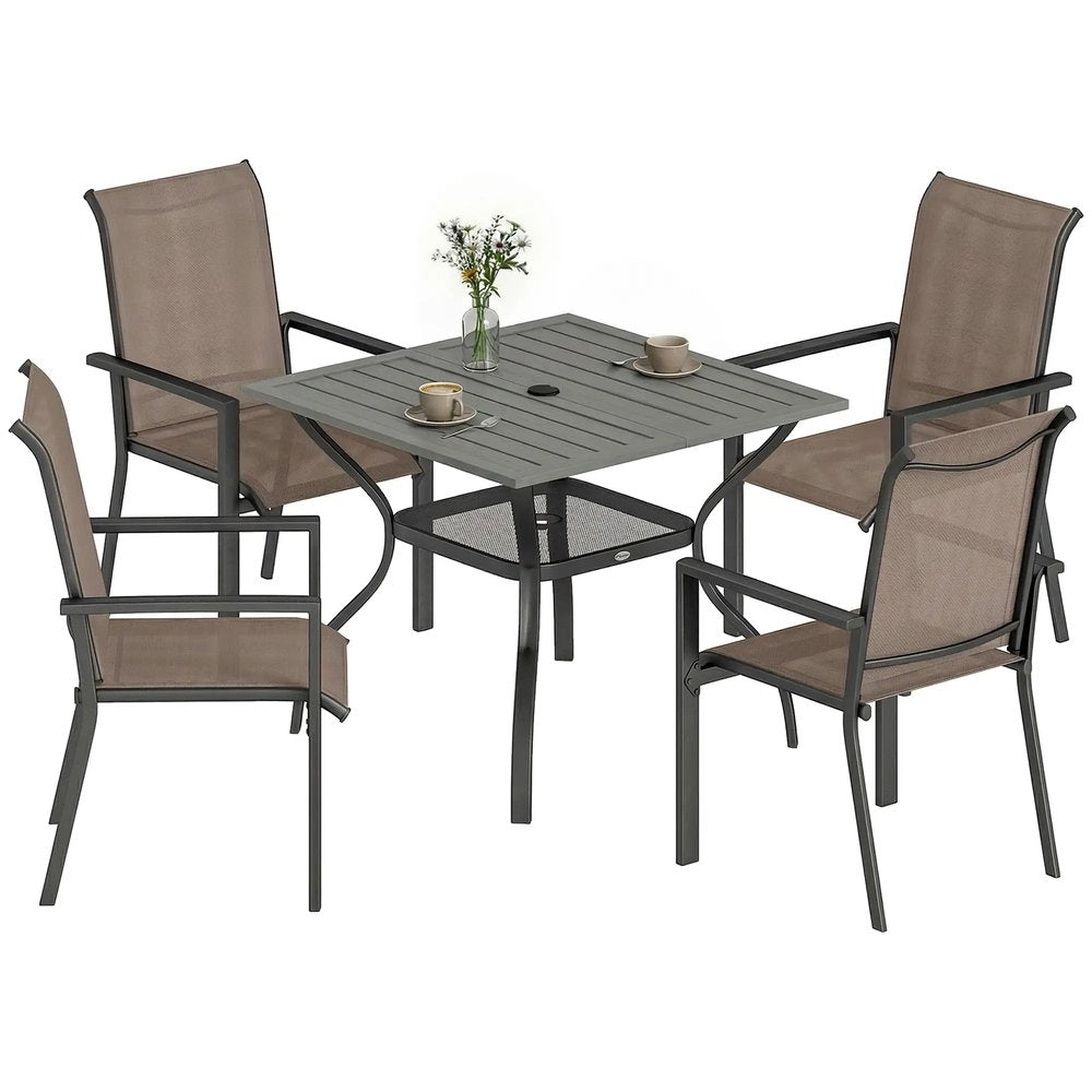 Outsunny 5 Pieces Outdoor Dining Set for 4, Garden Table and Stackable Chairs with Breathable Mesh Seat 9