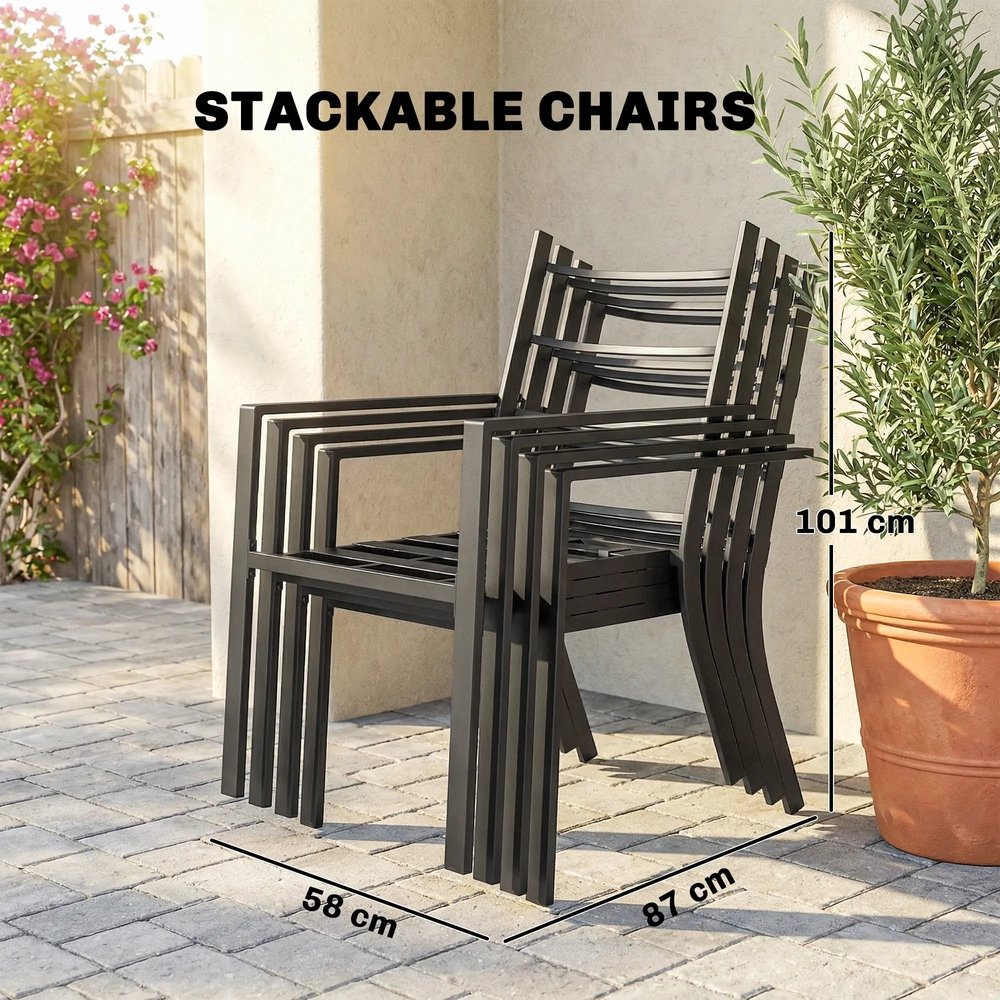 Outsunny 5 Pieces Outdoor Dining Set with Thick Cushions, Garden Dining Set for 4 with Stackable Chairs, Grey 6