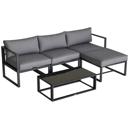 Outsunny 5 Pieces Outdoor Patio Furniture Set, Sofa Couch with Glass Coffee Table, Cushioned Chairs and Aluminum Tube, for Balcony Garden Backyard, Grey 
