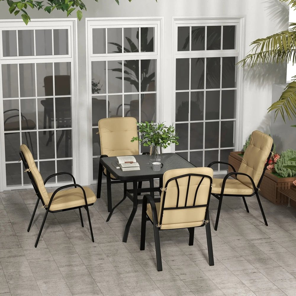 Outsunny 5 Pieces Outdoor Square Garden Dining Set for Small Garden with Tempered Glass Dining Table 4 Cushioned Armchairs, Umbrella Hole, Beige 1