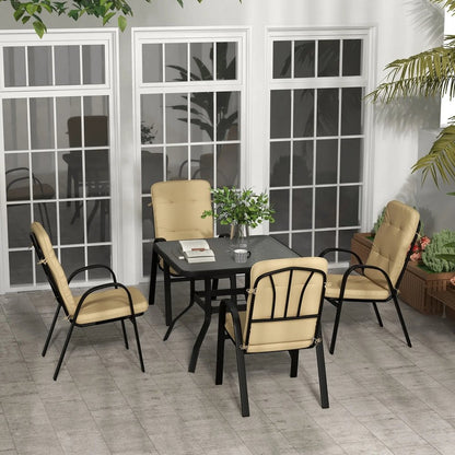 Outsunny 5 Pieces Outdoor Square Garden Dining Set for Small Garden with Tempered Glass Dining Table 4 Cushioned Armchairs, Umbrella Hole, Beige 1