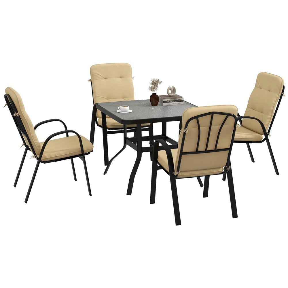 Outsunny 5 Pieces Outdoor Square Garden Dining Set for Small Garden with Tempered Glass Dining Table 4 Cushioned Armchairs, Umbrella Hole, Beige 10