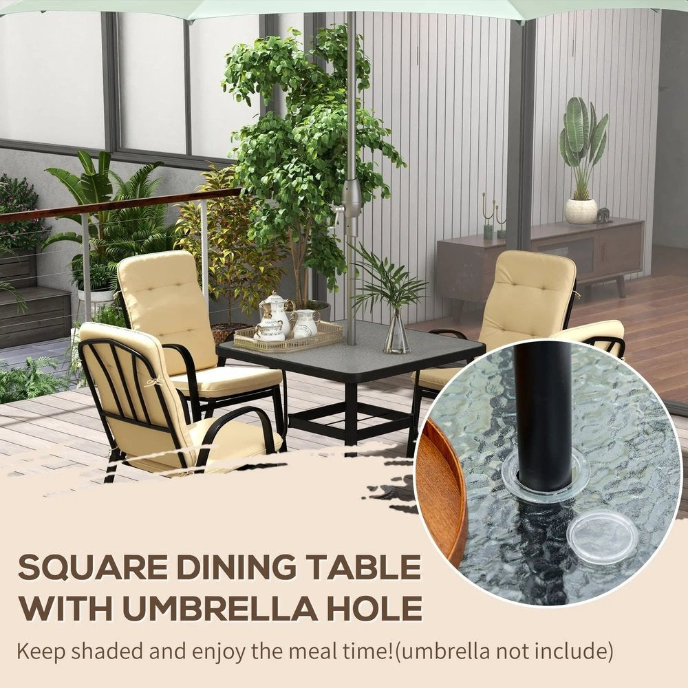 Outsunny 5 Pieces Outdoor Square Garden Dining Set for Small Garden with Tempered Glass Dining Table 4 Cushioned Armchairs, Umbrella Hole, Beige 3