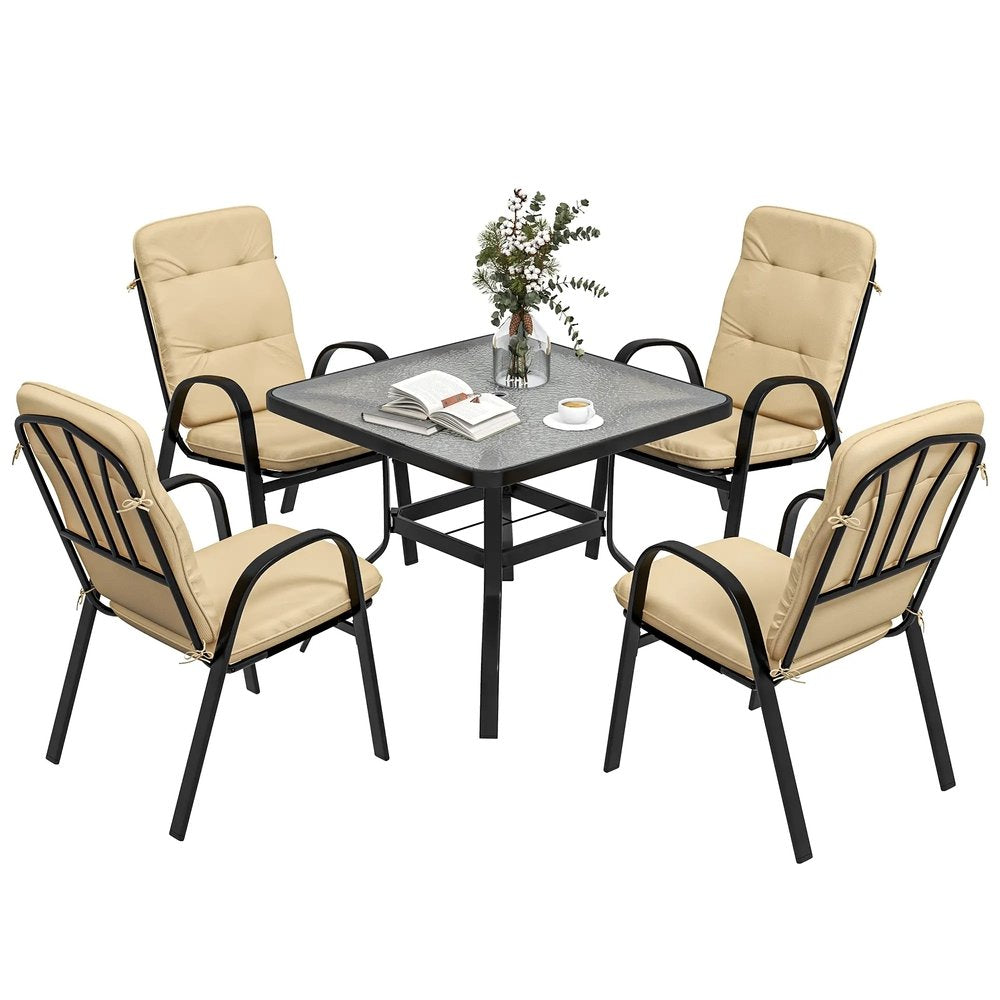 Outsunny 5 Pieces Outdoor Square Garden Dining Set for Small Garden with Tempered Glass Dining Table 4 Cushioned Armchairs, Umbrella Hole, Beige 