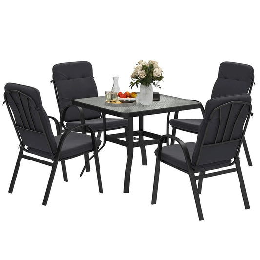 Outsunny 5 Pieces Outdoor Square Garden Dining Set w/ Tempered Glass Dining Table 4 Cushioned Armchairs, Umbrella Hole 