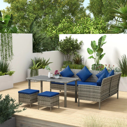 Outsunny 5 Pieces Rattan Garden Furniture Set with Dining Table, Cushions - Dark Blue