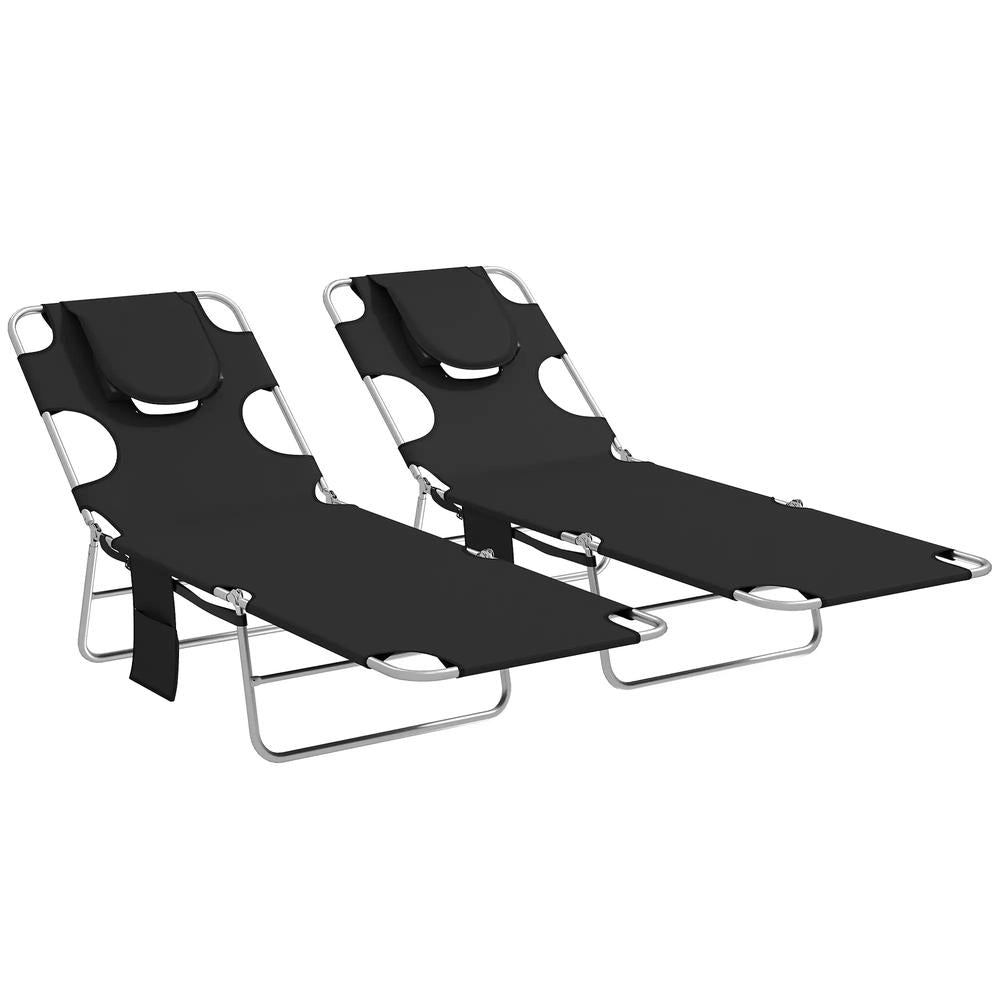 Outsunny 5-Position Adjustable Sun Loungers Set of 2 with Reading Hole and Side Pocket 55