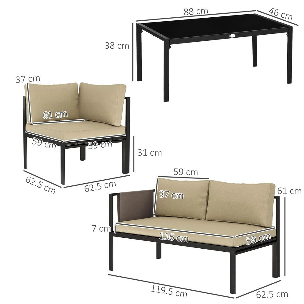 Outsunny 5 Seater Garden Corner Sofa Set, 4 Pieces Metal Garden Furniture Set with Loveseats, Glass Top Coffee Table, Breathable Mesh Pocket, Outdoor Conversation Furniture with Cushions 16
