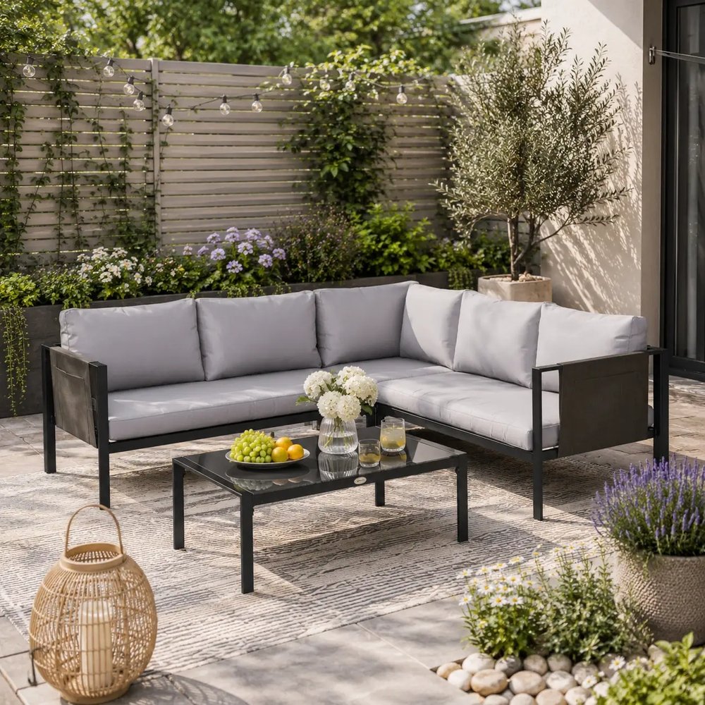 Outsunny 5 Seater Garden Corner Sofa Set, 4 Pieces Metal Garden Furniture Set with Loveseats, Glass Top Coffee Table, Breathable Mesh Pocket, Outdoor Conversation Furniture with Cushions 1