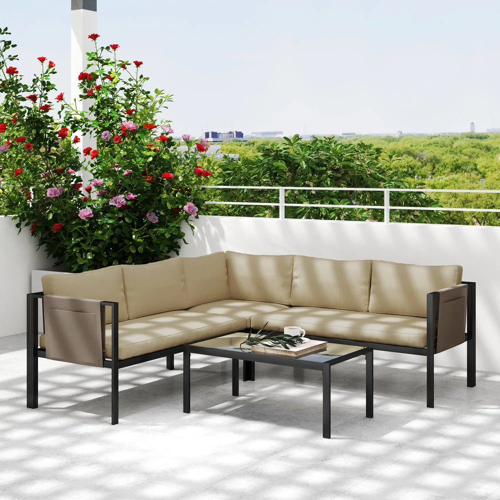 Outsunny 5 Seater Garden Corner Sofa Set, 4 Pieces Metal Garden Furniture Set with Loveseats, Glass Top Coffee Table, Breathable Mesh Pocket, Outdoor Conversation Furniture with Cushions 21