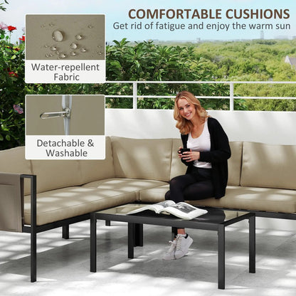 Outsunny 5 Seater Garden Corner Sofa Set, 4 Pieces Metal Garden Furniture Set with Loveseats, Glass Top Coffee Table, Breathable Mesh Pocket, Outdoor Conversation Furniture with Cushions 19