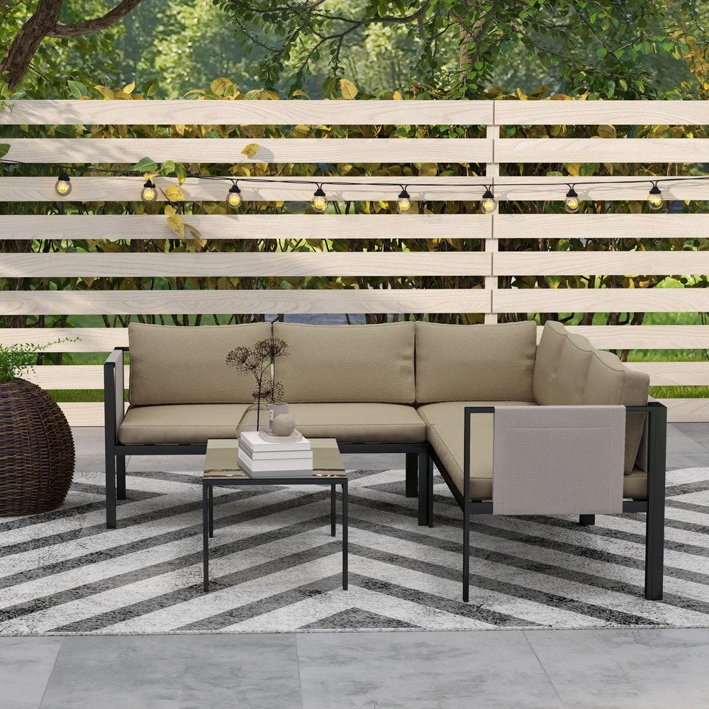 Outsunny 5 Seater Garden Corner Sofa Set, 4 Pieces Metal Garden Furniture Set with Loveseats, Glass Top Coffee Table, Breathable Mesh Pocket, Outdoor Conversation Furniture with Cushions 22