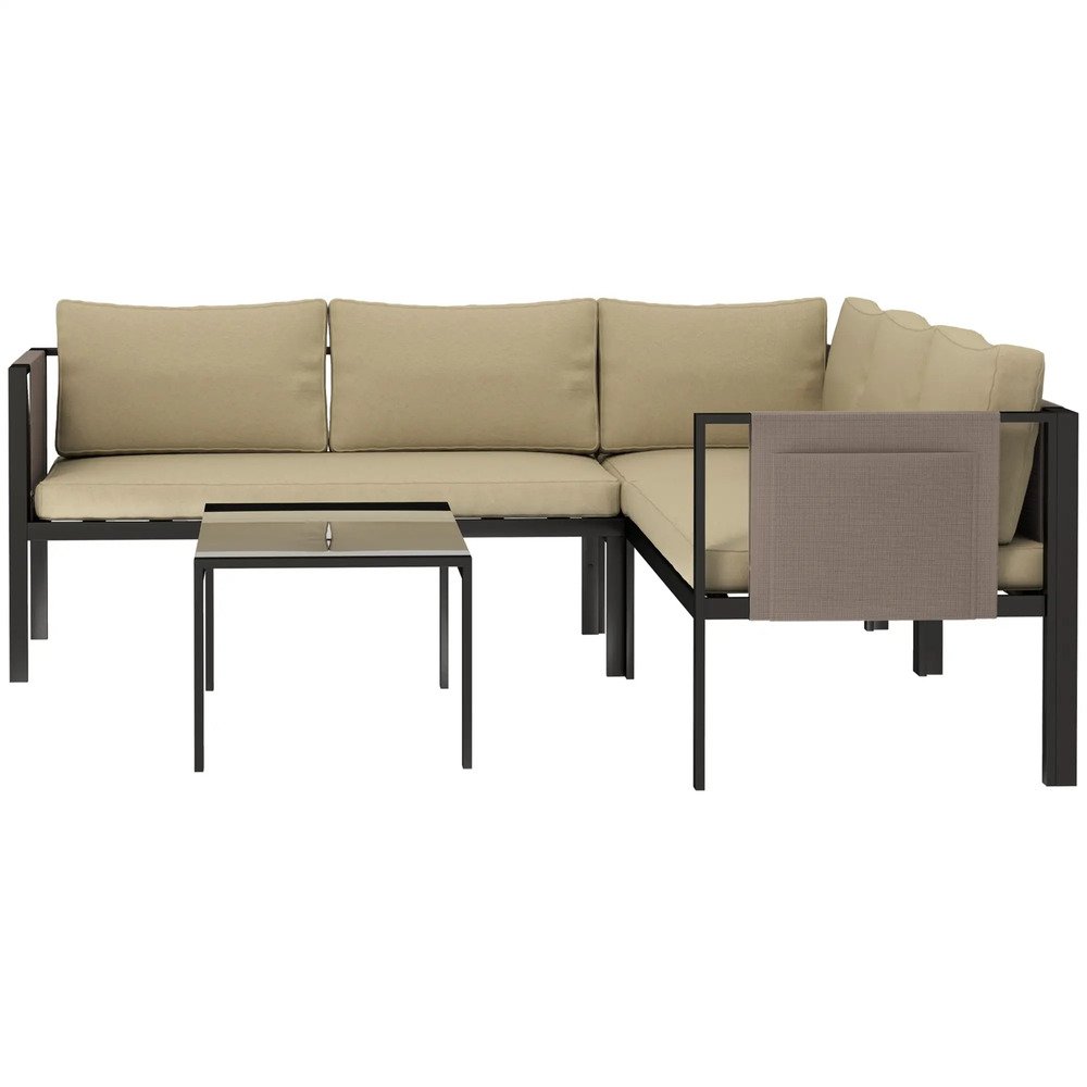 Outsunny 5 Seater Garden Corner Sofa Set, 4 Pieces Metal Garden Furniture Set with Loveseats, Glass Top Coffee Table, Breathable Mesh Pocket, Outdoor Conversation Furniture with Cushions 24