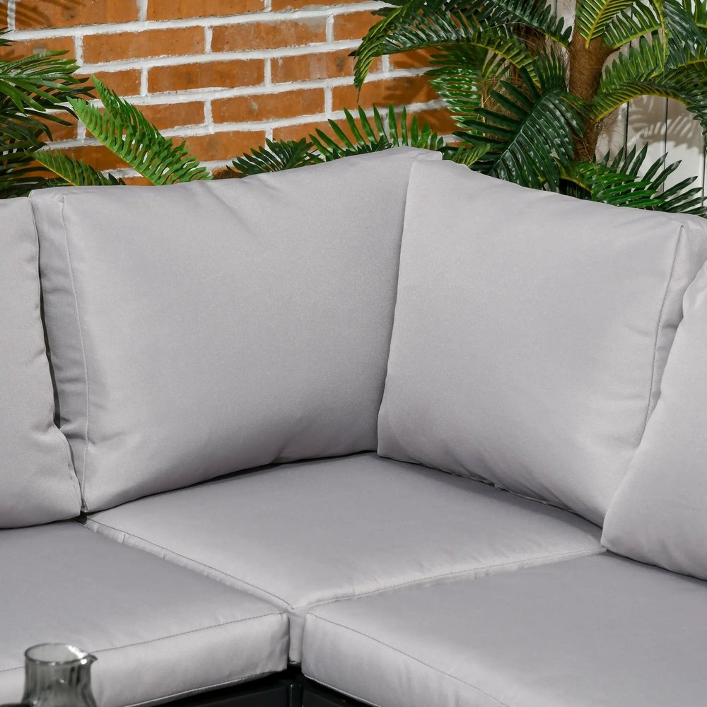 Outsunny 5 Seater Garden Corner Sofa Set, 4 Pieces Metal Garden Furniture Set with Loveseats, Glass Top Coffee Table, Breathable Mesh Pocket, Outdoor Conversation Furniture with Cushions 8