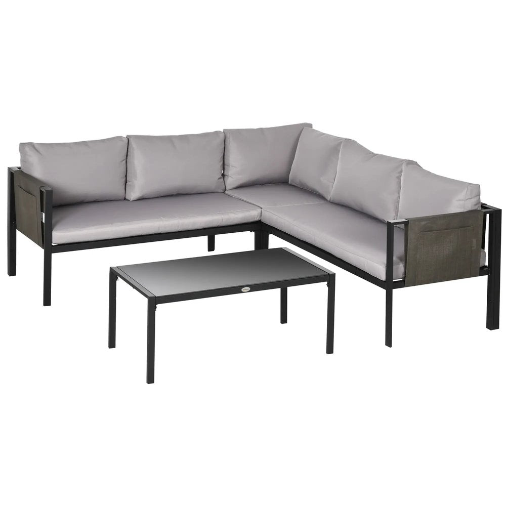 Outsunny 5 Seater Garden Corner Sofa Set, 4 Pieces Metal Garden Furniture Set with Loveseats, Glass Top Coffee Table, Breathable Mesh Pocket, Outdoor Conversation Furniture with Cushions 