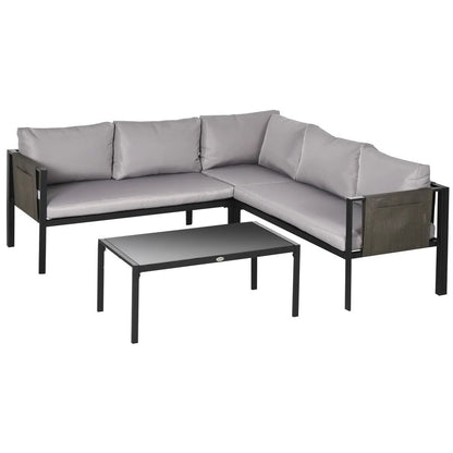Outsunny 5 Seater Garden Corner Sofa Set, 4 Pieces Metal Garden Furniture Set with Loveseats, Glass Top Coffee Table, Breathable Mesh Pocket, Outdoor Conversation Furniture with Cushions 
