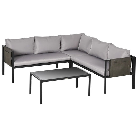 Outsunny 5 Seater Garden Corner Sofa Set, 4 Pieces Metal Garden Furniture Set with Loveseats, Glass Top Coffee Table, Breathable Mesh Pocket, Outdoor Conversation Furniture with Cushions 