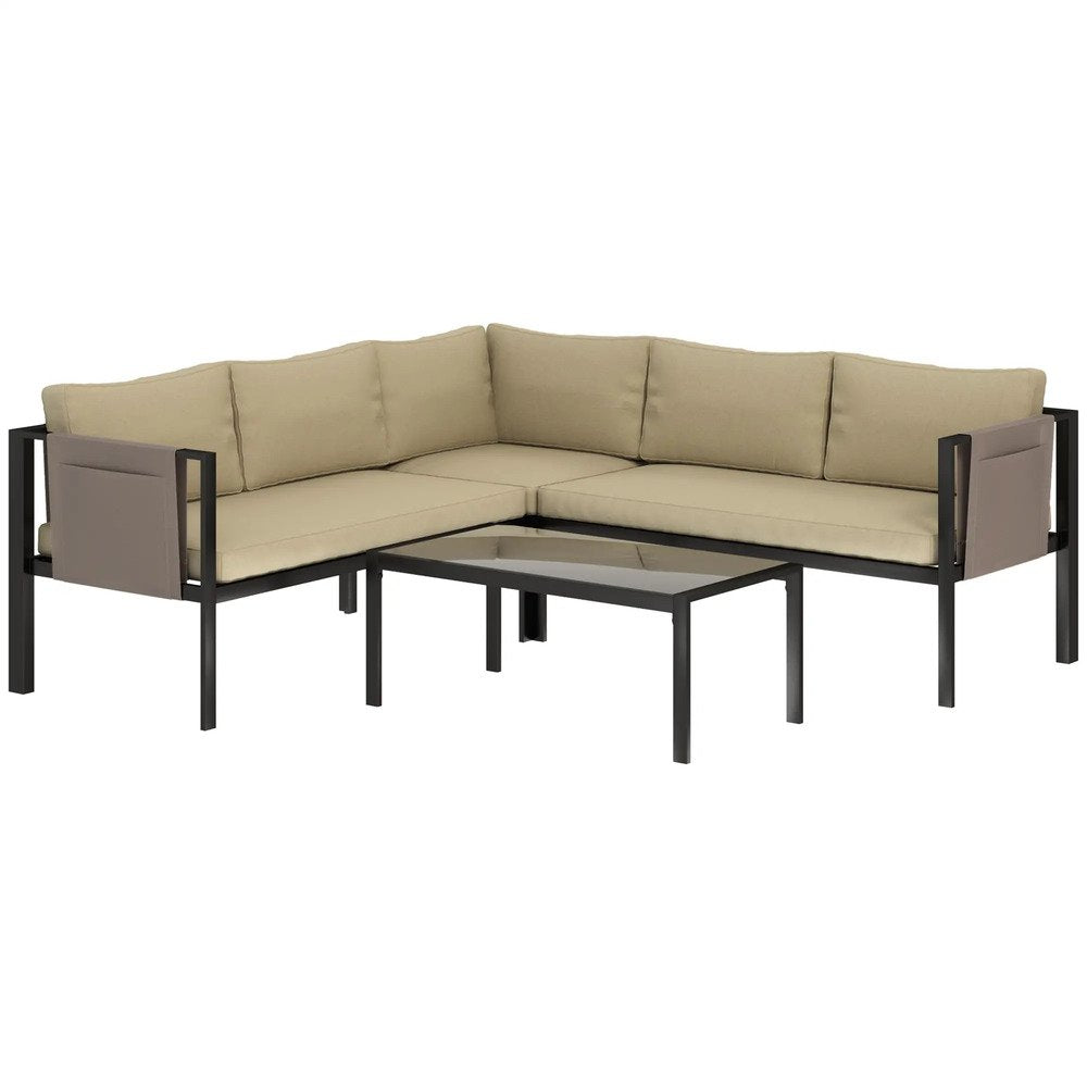 Outsunny 5 Seater Garden Corner Sofa Set, 4 Pieces Metal Garden Furniture Set with Loveseats, Glass Top Coffee Table, Breathable Mesh Pocket, Outdoor Conversation Furniture with Cushions 14