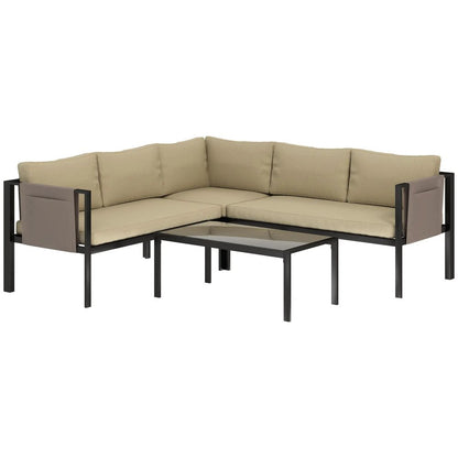 Outsunny 5 Seater Garden Corner Sofa Set, 4 Pieces Metal Garden Furniture Set with Loveseats, Glass Top Coffee Table, Breathable Mesh Pocket, Outdoor Conversation Furniture with Cushions 14