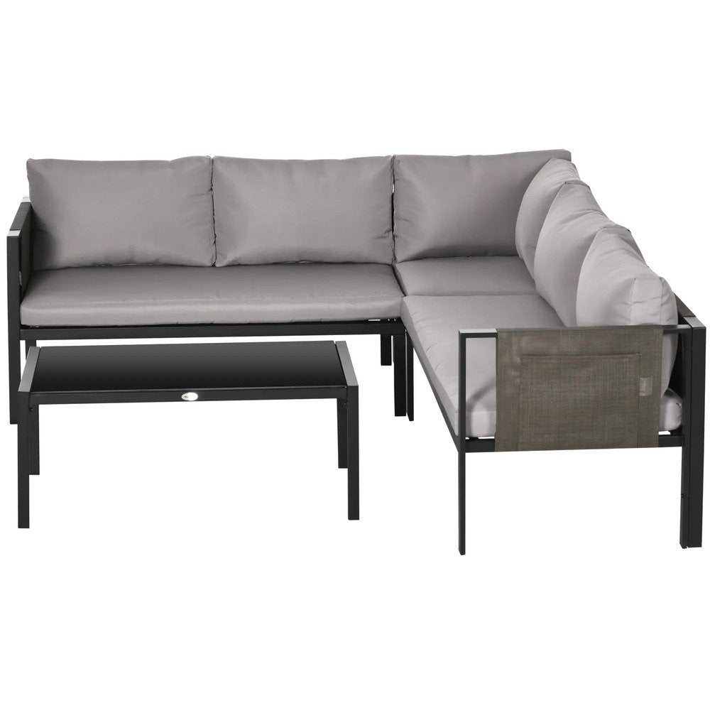 Outsunny 5 Seater Garden Corner Sofa Set, 4 Pieces Metal Garden Furniture Set with Loveseats, Glass Top Coffee Table, Breathable Mesh Pocket, Outdoor Conversation Furniture with Cushions 13