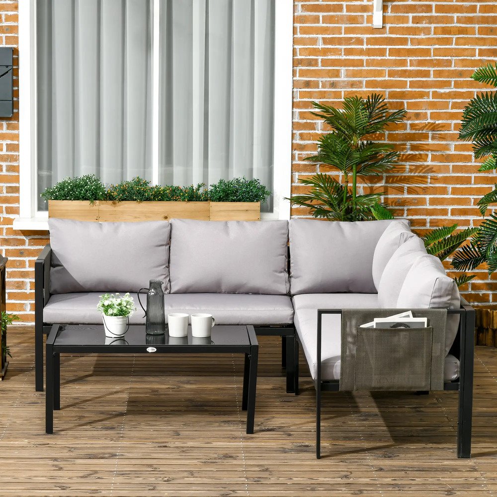 Outsunny 5 Seater Garden Corner Sofa Set, 4 Pieces Metal Garden Furniture Set with Loveseats, Glass Top Coffee Table, Breathable Mesh Pocket, Outdoor Conversation Furniture with Cushions 12