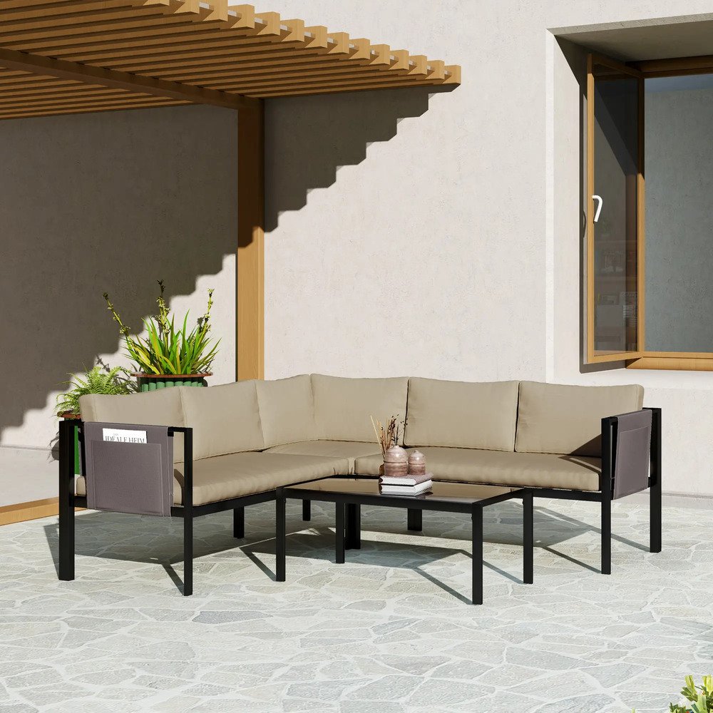 Outsunny 5 Seater Garden Corner Sofa Set, 4 Pieces Metal Garden Furniture Set with Loveseats, Glass Top Coffee Table, Breathable Mesh Pocket, Outdoor Conversation Furniture with Cushions 15