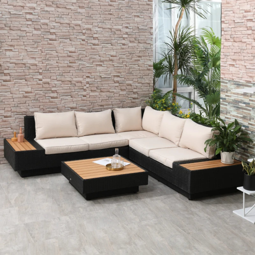 Outsunny 5-Seater Rattan Garden Furniture Outdoor Sectional Corner Sofa with Armrest and Cushions, Black