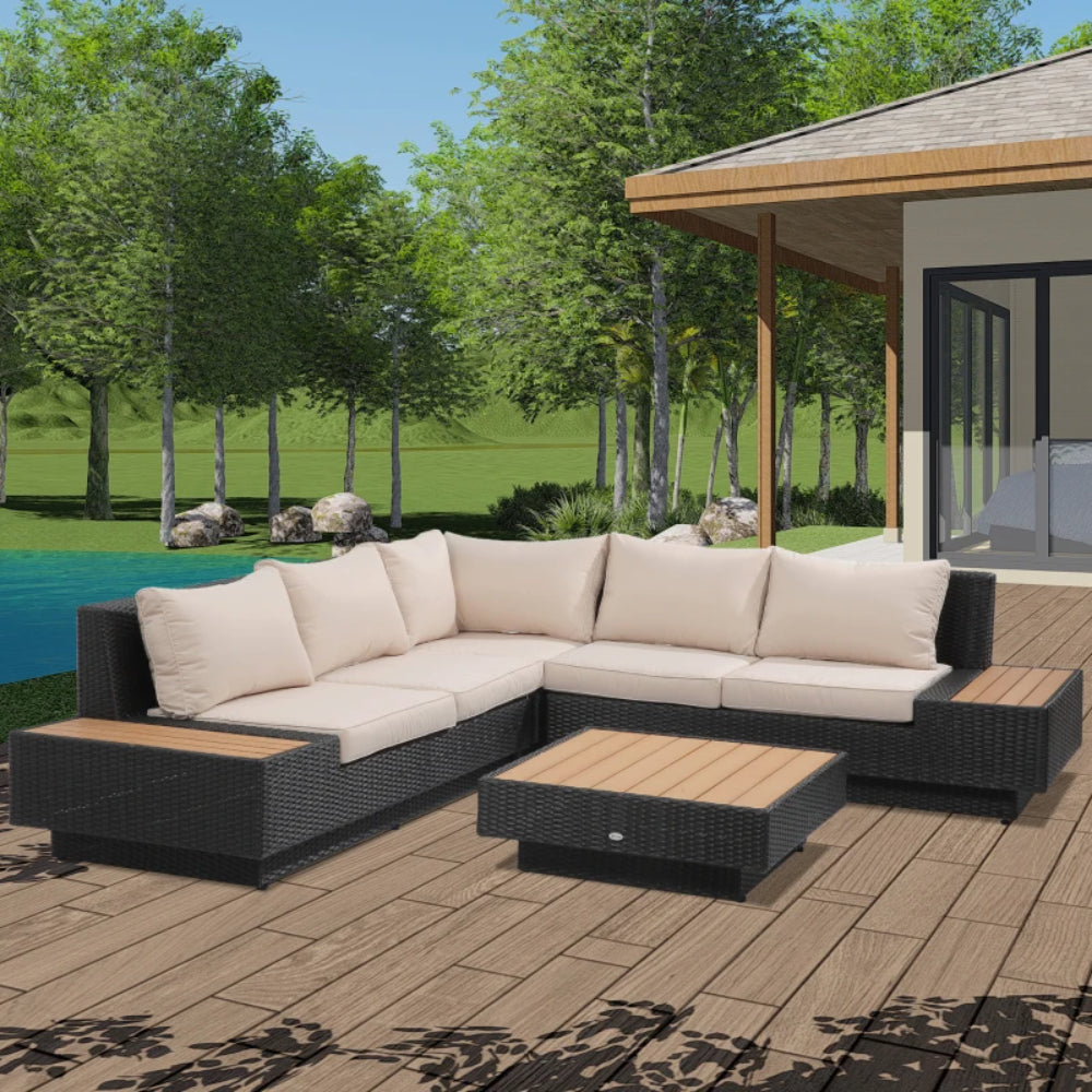 Outsunny 5-Seater Rattan Garden Furniture Outdoor Sectional Corner Sofa with Armrest and Cushions, Black