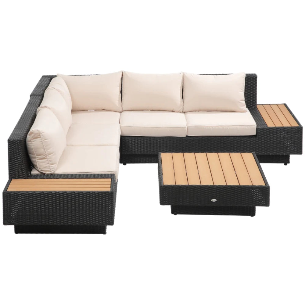 Outsunny 5-Seater Rattan Garden Furniture Outdoor Sectional Corner Sofa with Armrest and Cushions, Black